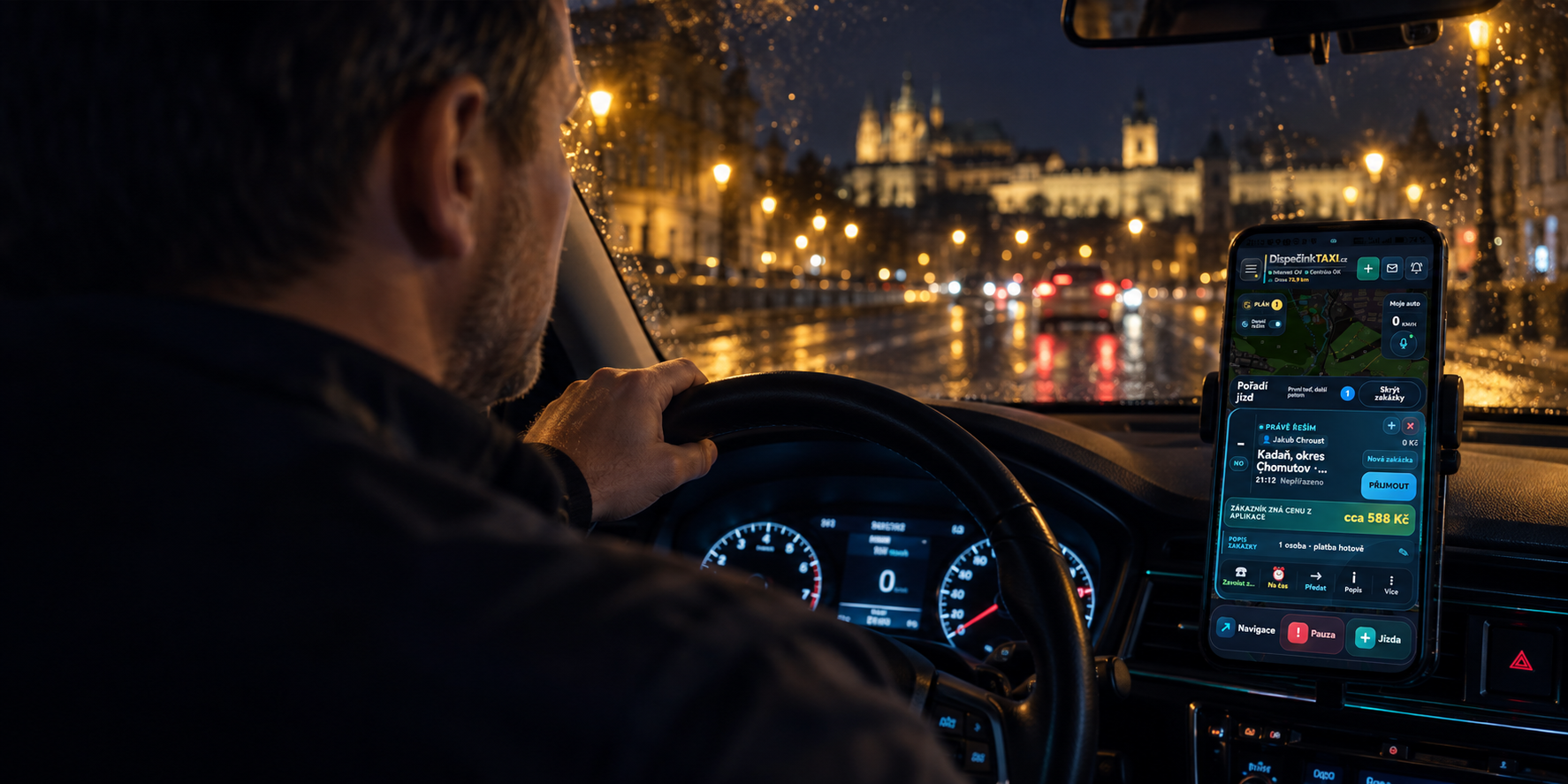 Řidič taxislužby používá TaxiBrain Driver během noční směny
