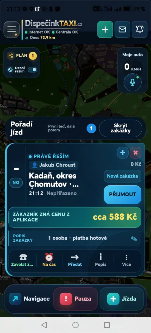 Skutečná obrazovka TaxiBrain Driver aplikace